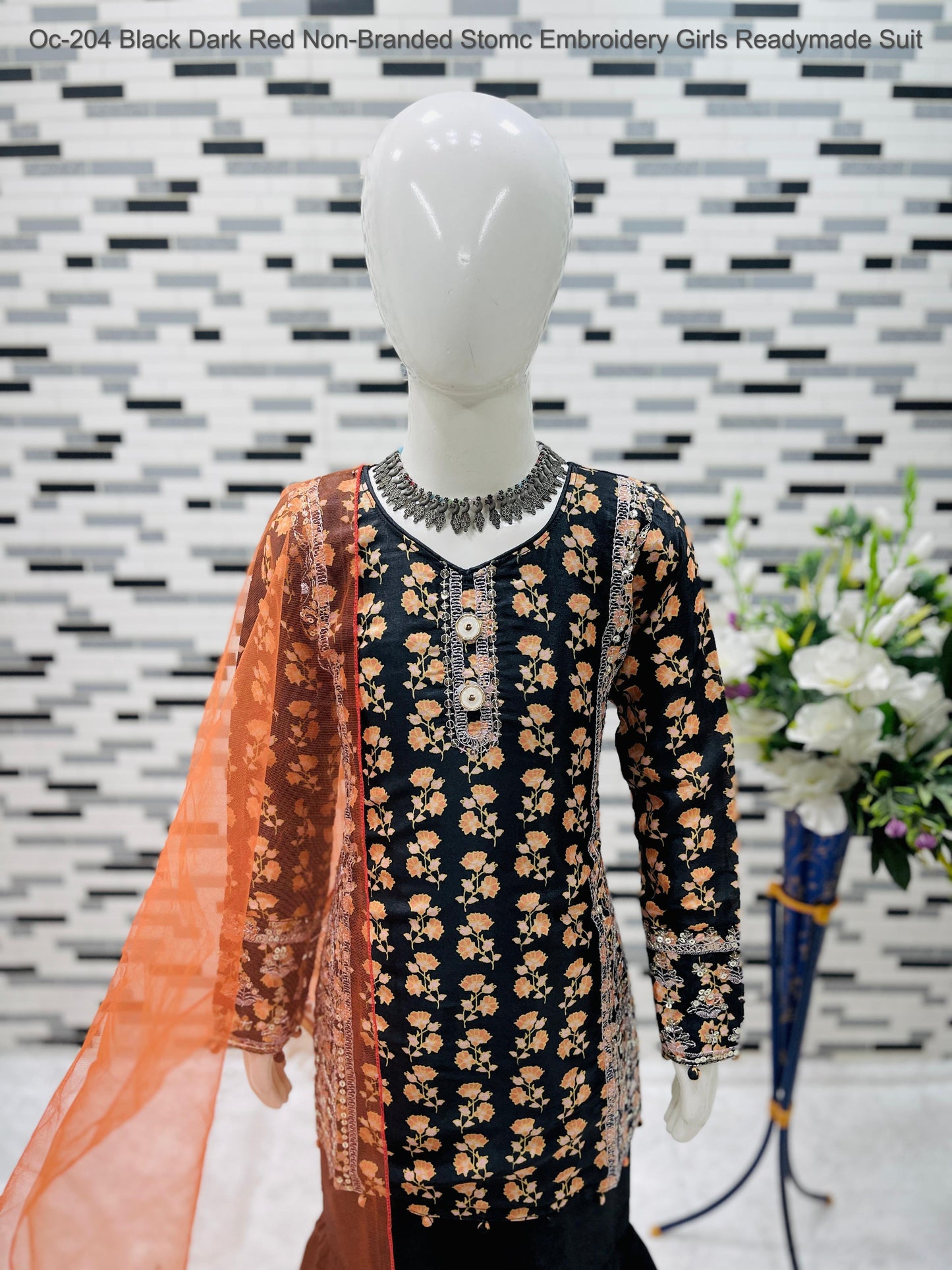 Oc- 204 Black Dark, Red Non-Branded Stomc Embroidery Girls Readymade Suit