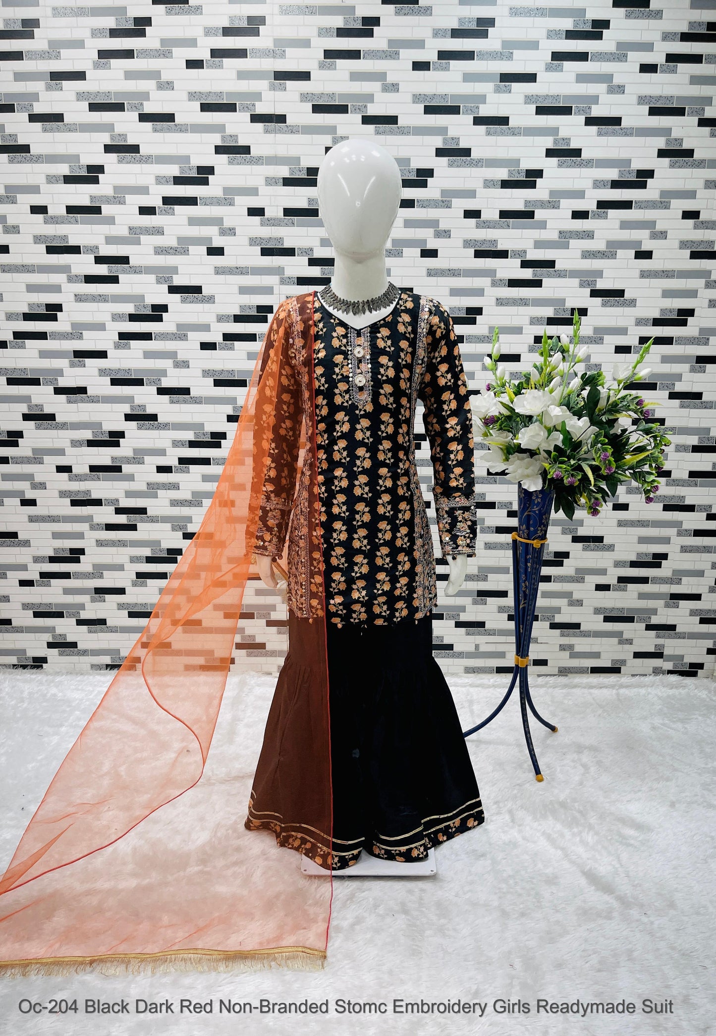 Oc- 204 Black Dark, Red Non-Branded Stomc Embroidery Girls Readymade Suit