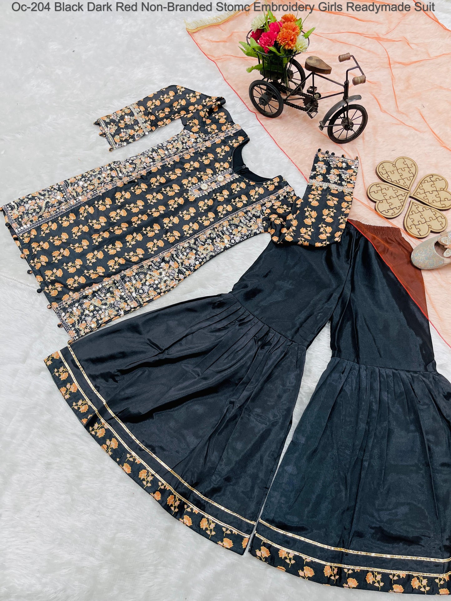 Oc- 204 Black Dark, Red Non-Branded Stomc Embroidery Girls Readymade Suit