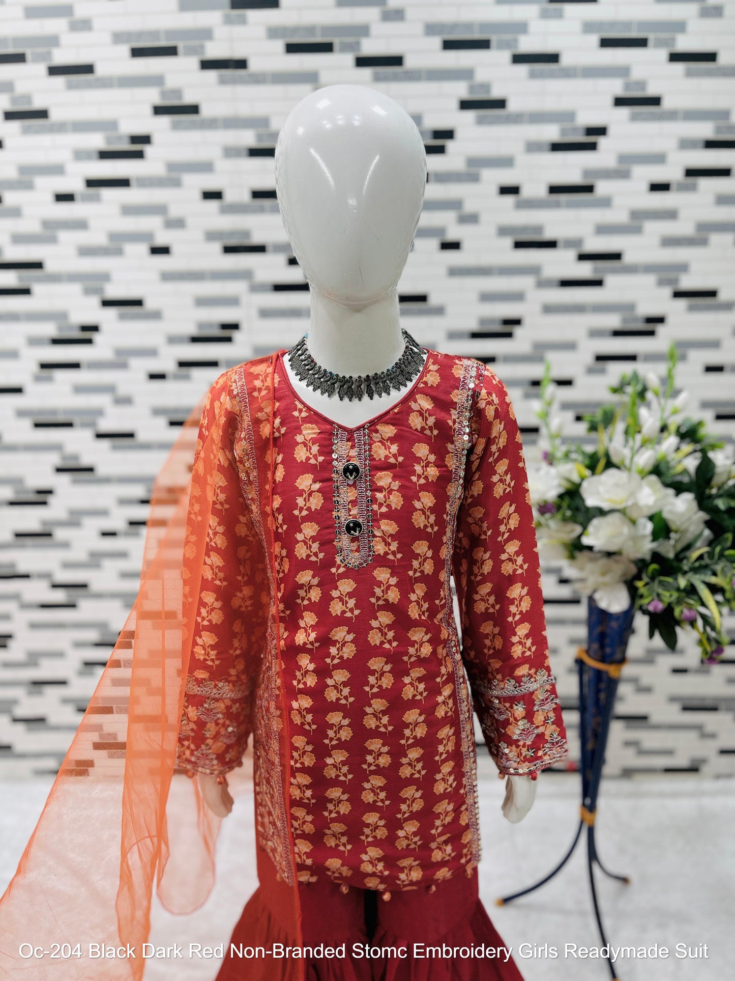 Oc- 204 Black Dark, Red Non-Branded Stomc Embroidery Girls Readymade Suit