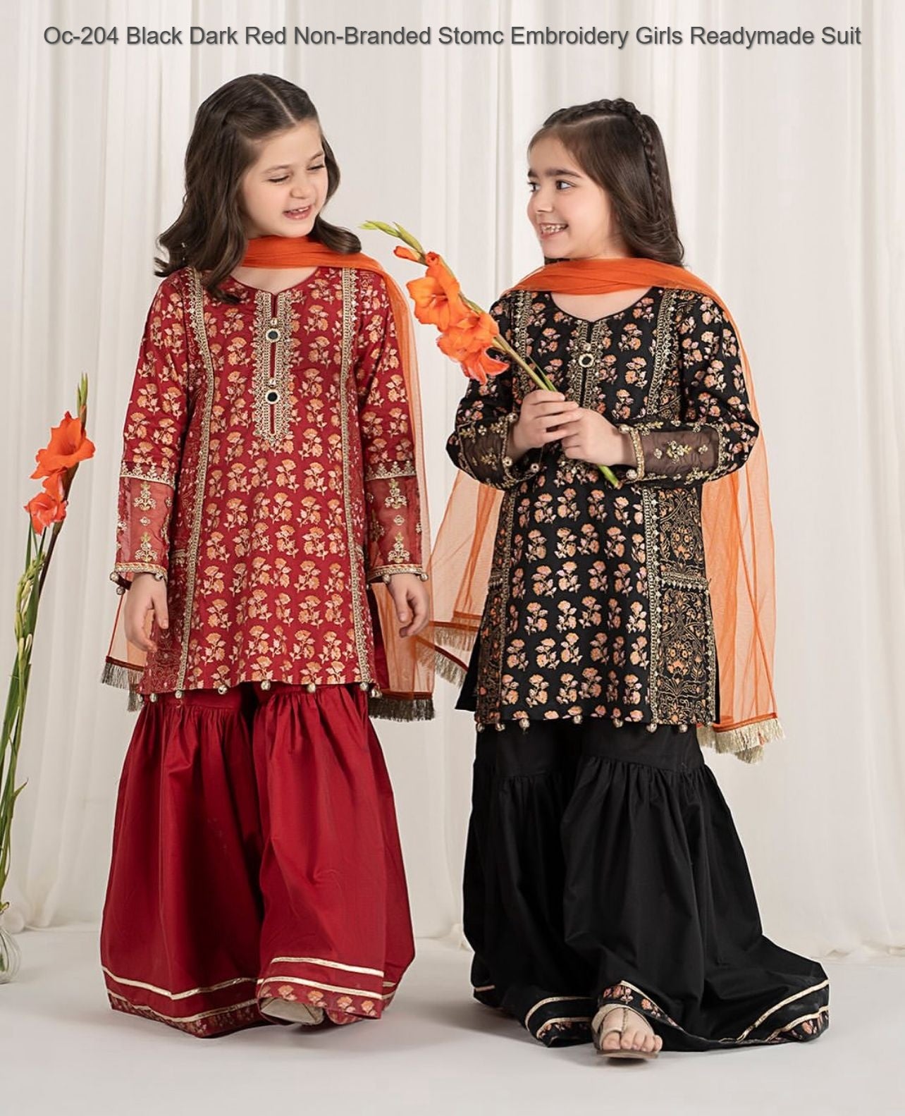 Oc- 204 Black Dark, Red Non-Branded Stomc Embroidery Girls Readymade Suit