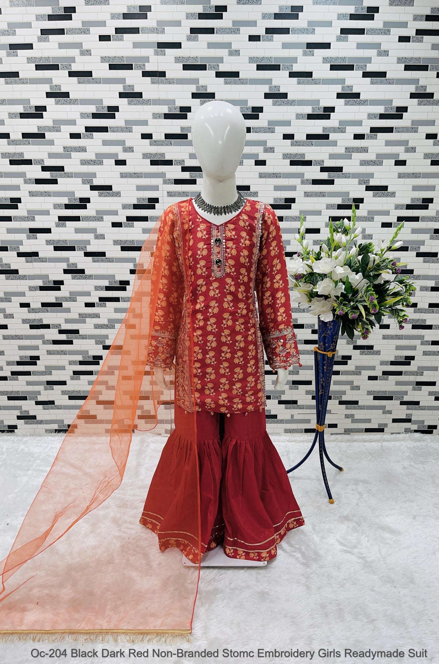 Oc- 204 Black Dark, Red Non-Branded Stomc Embroidery Girls Readymade Suit