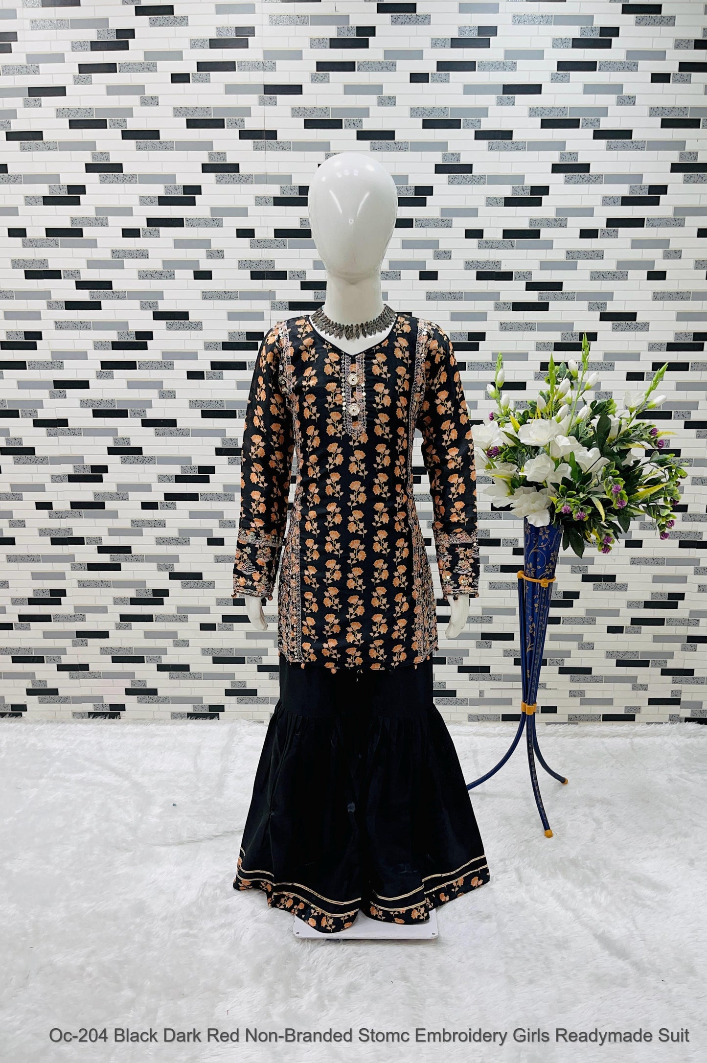 Oc- 204 Black Dark, Red Non-Branded Stomc Embroidery Girls Readymade Suit