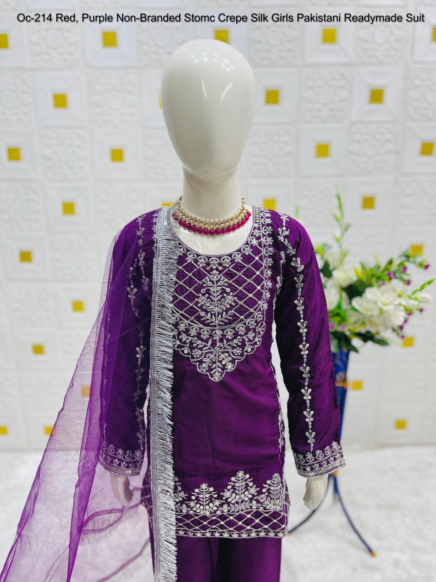 Oc-214 Red, Purple Non-Branded Stomc Crepe Silk Girls Pakistani Readymade Suit