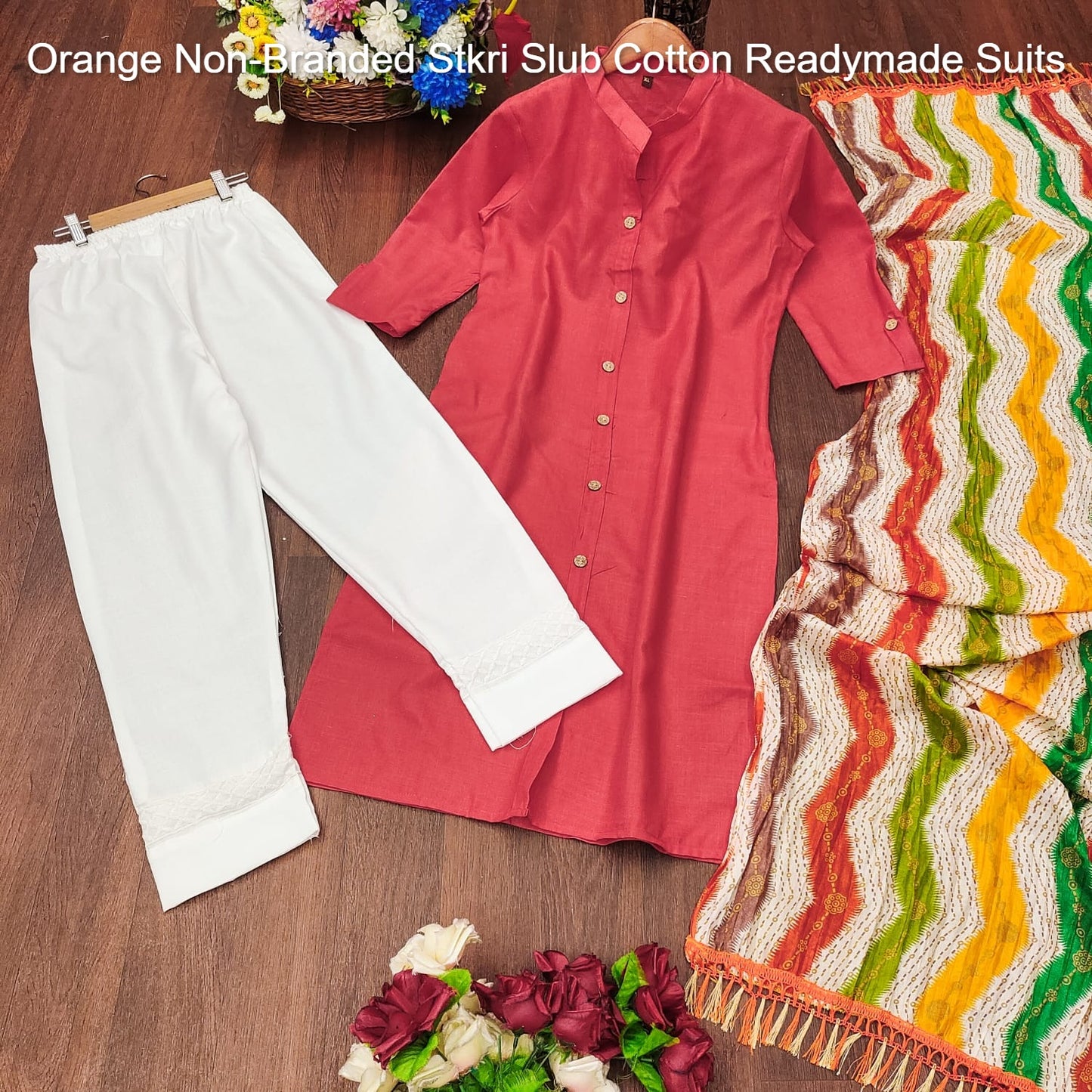 Orange Non-Branded Stkri Slub Cotton Readymade Suits