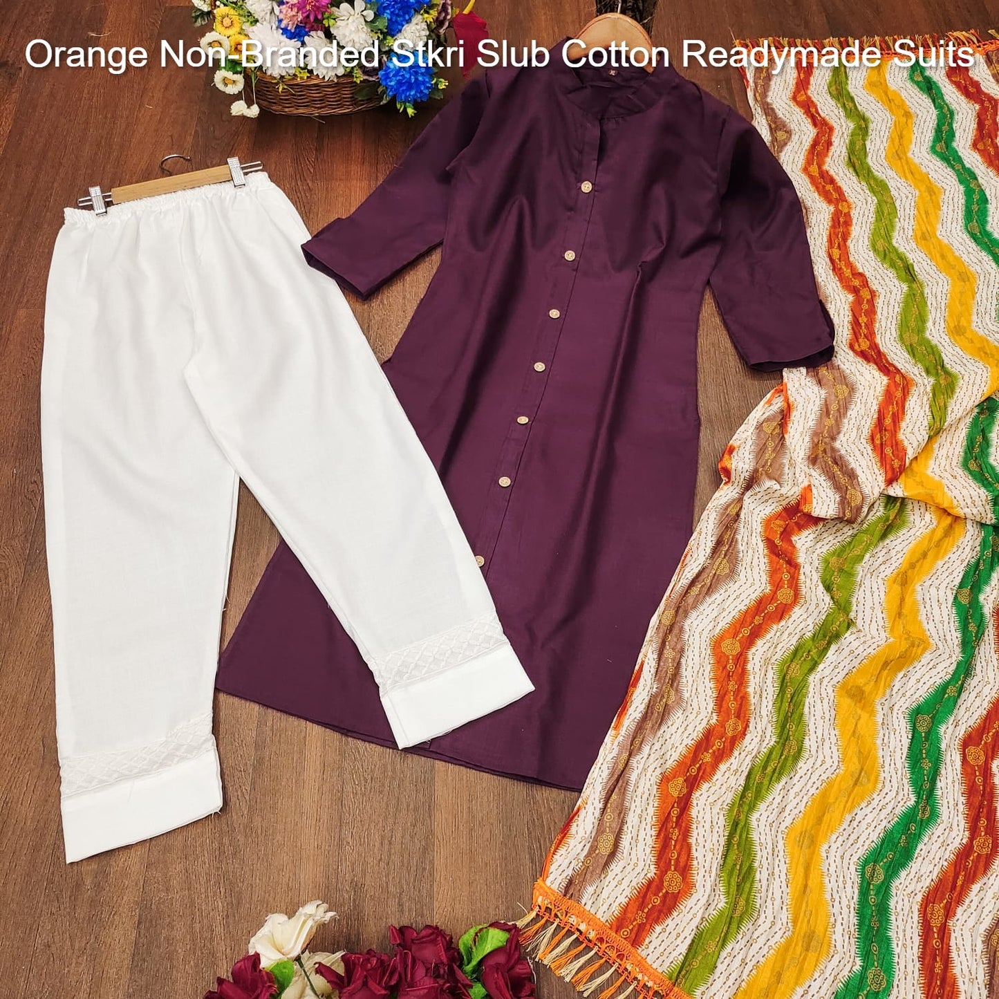 Orange Non-Branded Stkri Slub Cotton Readymade Suits