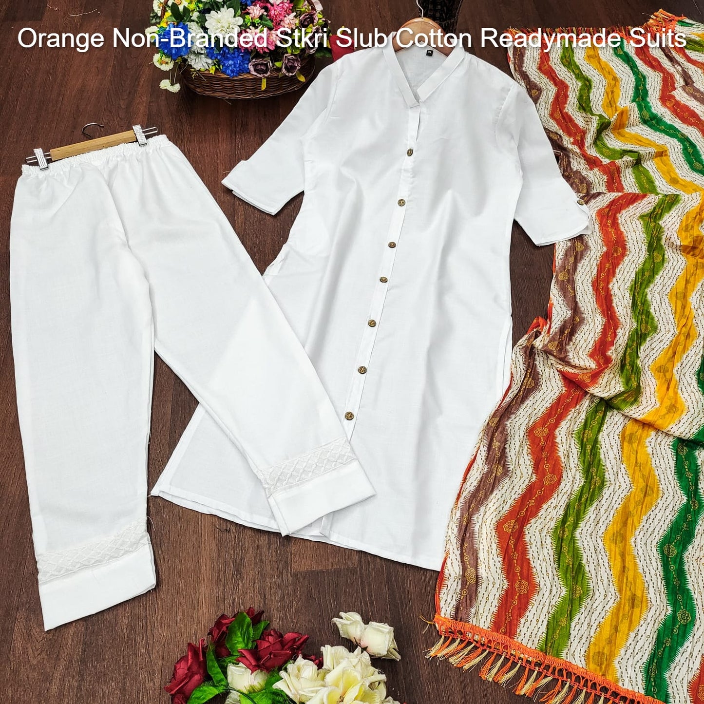 Orange Non-Branded Stkri Slub Cotton Readymade Suits