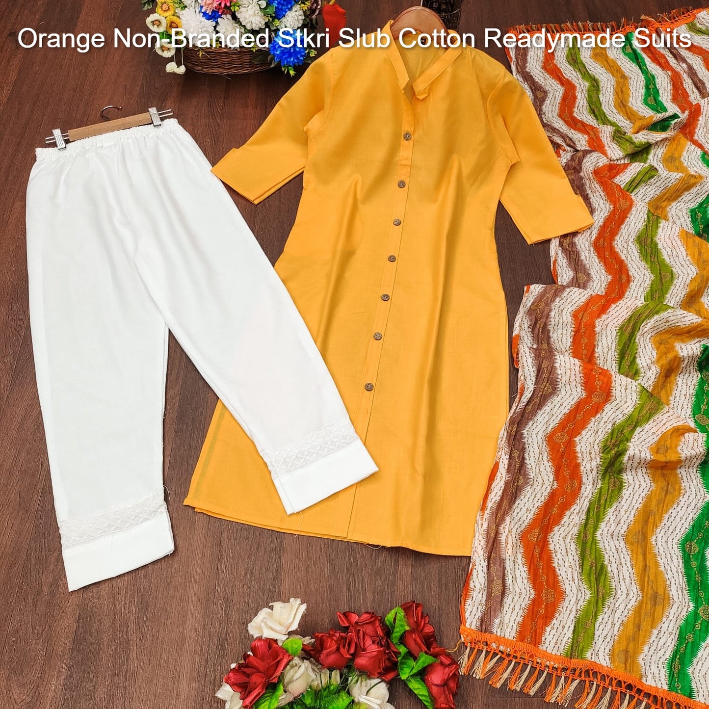 Orange Non-Branded Stkri Slub Cotton Readymade Suits