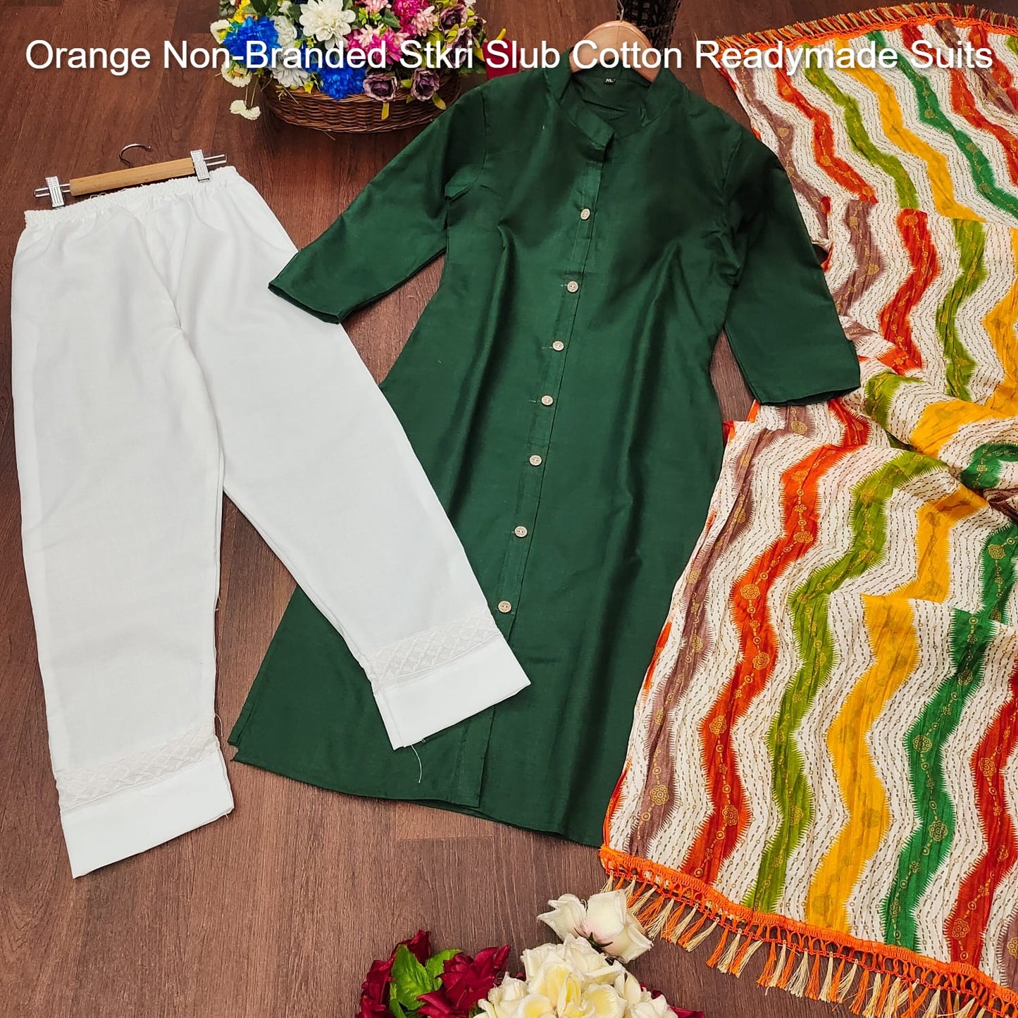 Orange Non-Branded Stkri Slub Cotton Readymade Suits