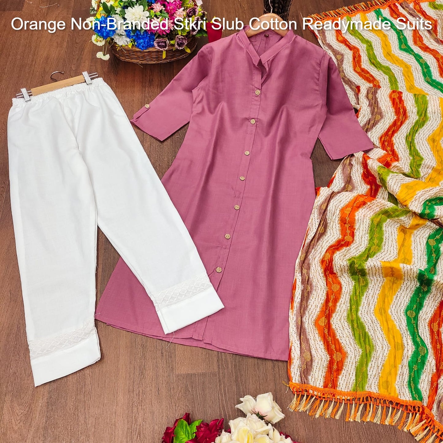 Orange Non-Branded Stkri Slub Cotton Readymade Suits