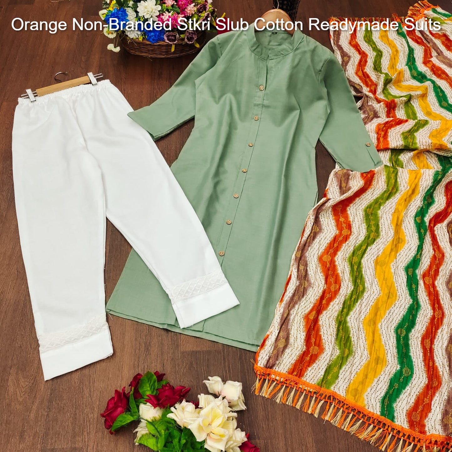 Orange Non-Branded Stkri Slub Cotton Readymade Suits