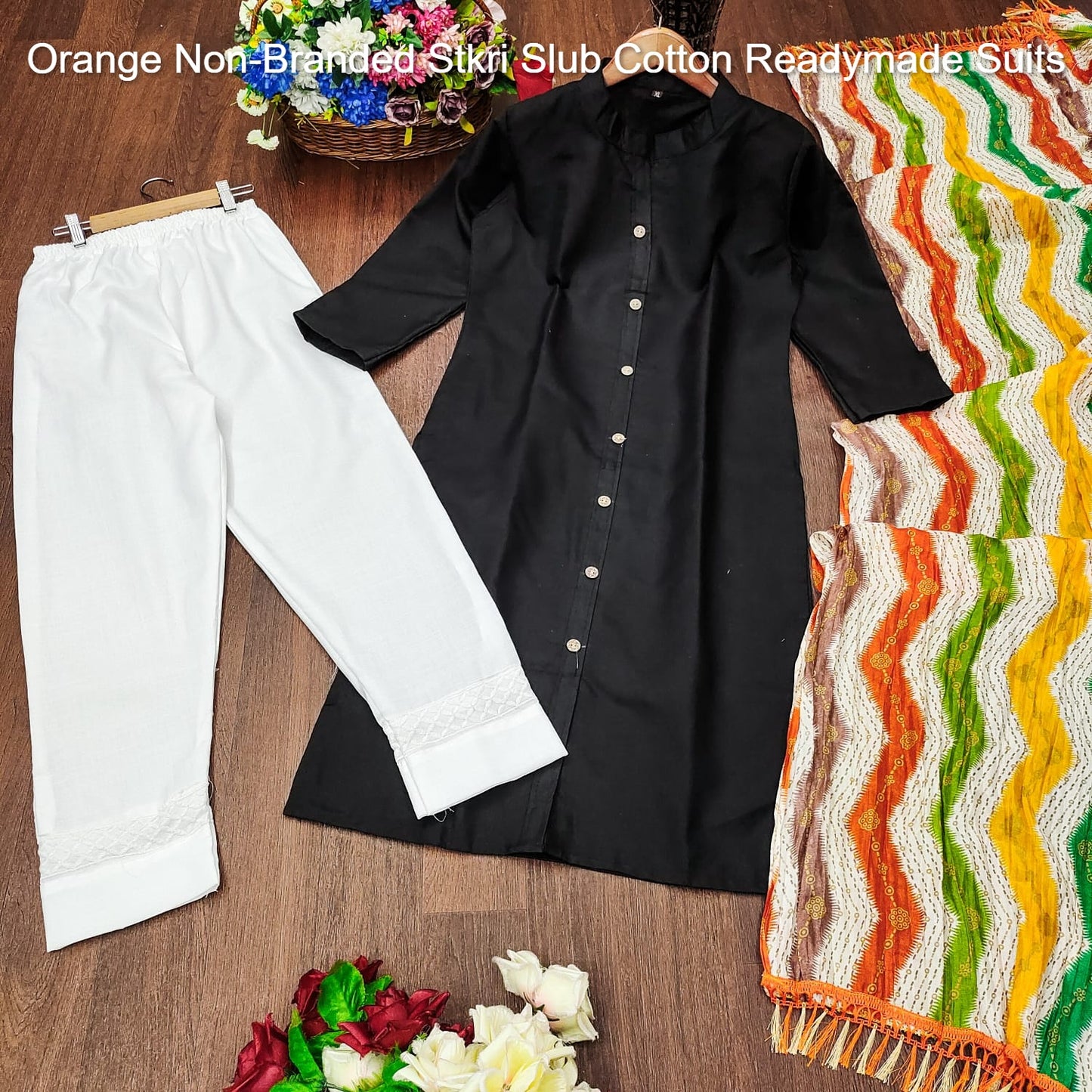 Orange Non-Branded Stkri Slub Cotton Readymade Suits