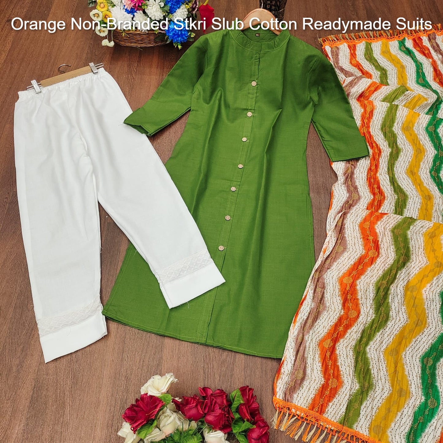 Orange Non-Branded Stkri Slub Cotton Readymade Suits
