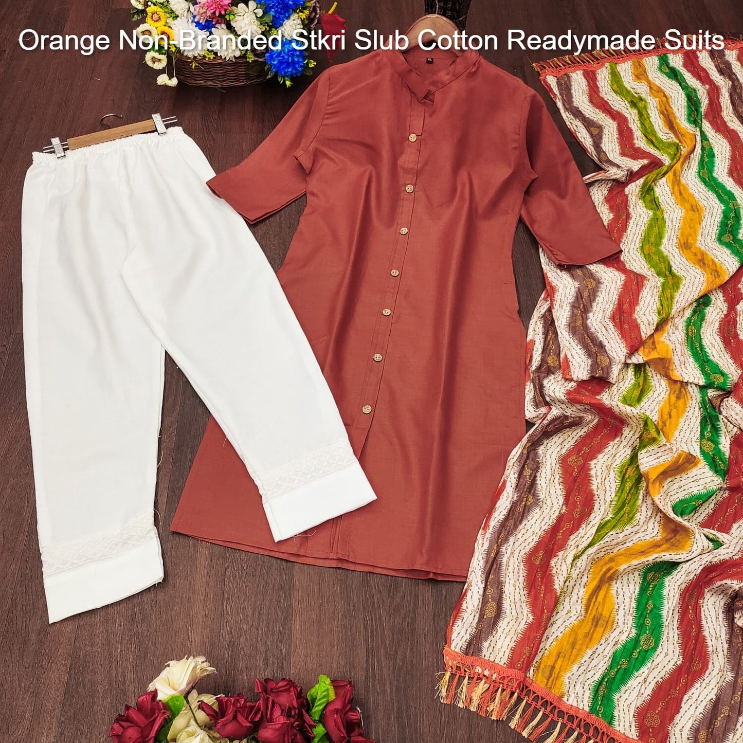 Orange Non-Branded Stkri Slub Cotton Readymade Suits