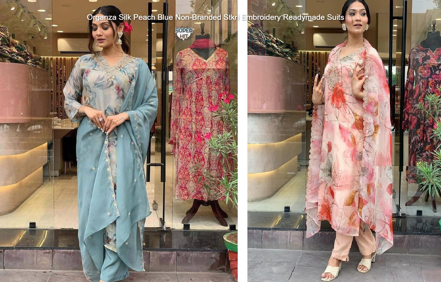 Organza Silk Peach Blue Non-Branded Stkri Embroidery Readymade Suits