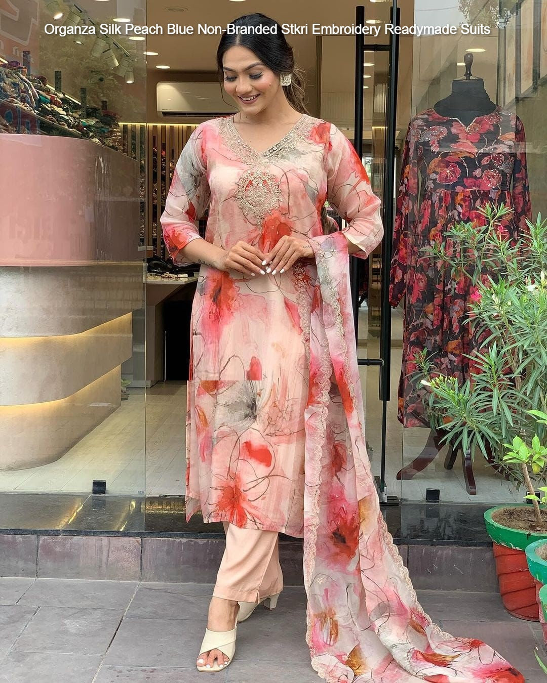 Organza Silk Peach Blue Non-Branded Stkri Embroidery Readymade Suits