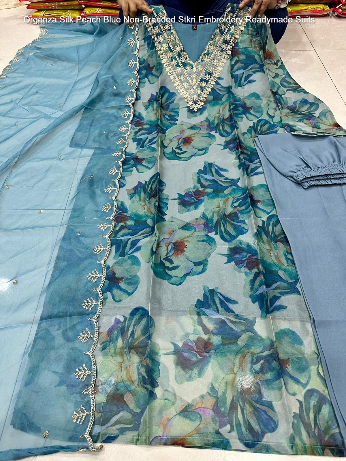 Organza Silk Peach Blue Non-Branded Stkri Embroidery Readymade Suits