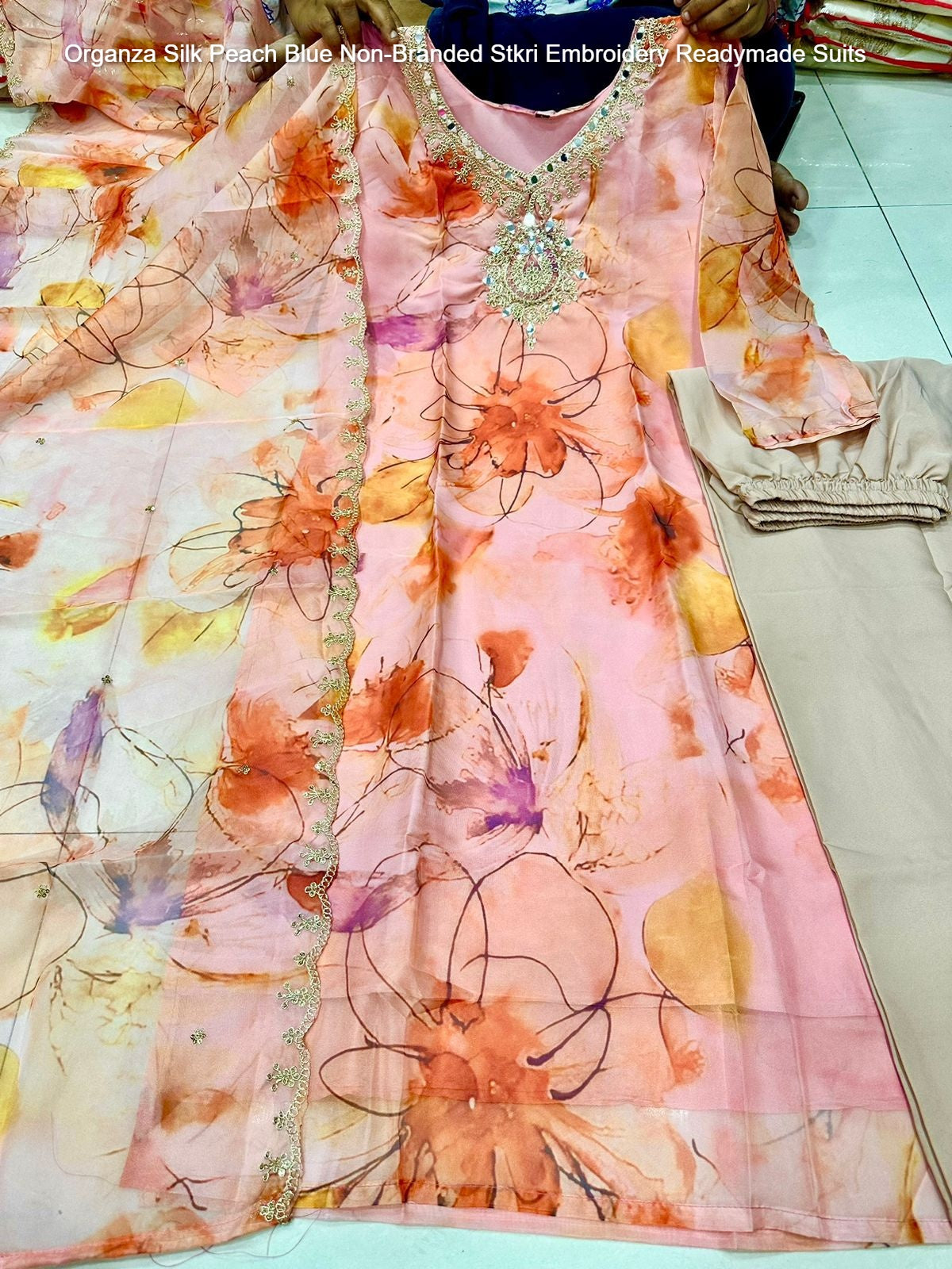 Organza Silk Peach Blue Non-Branded Stkri Embroidery Readymade Suits