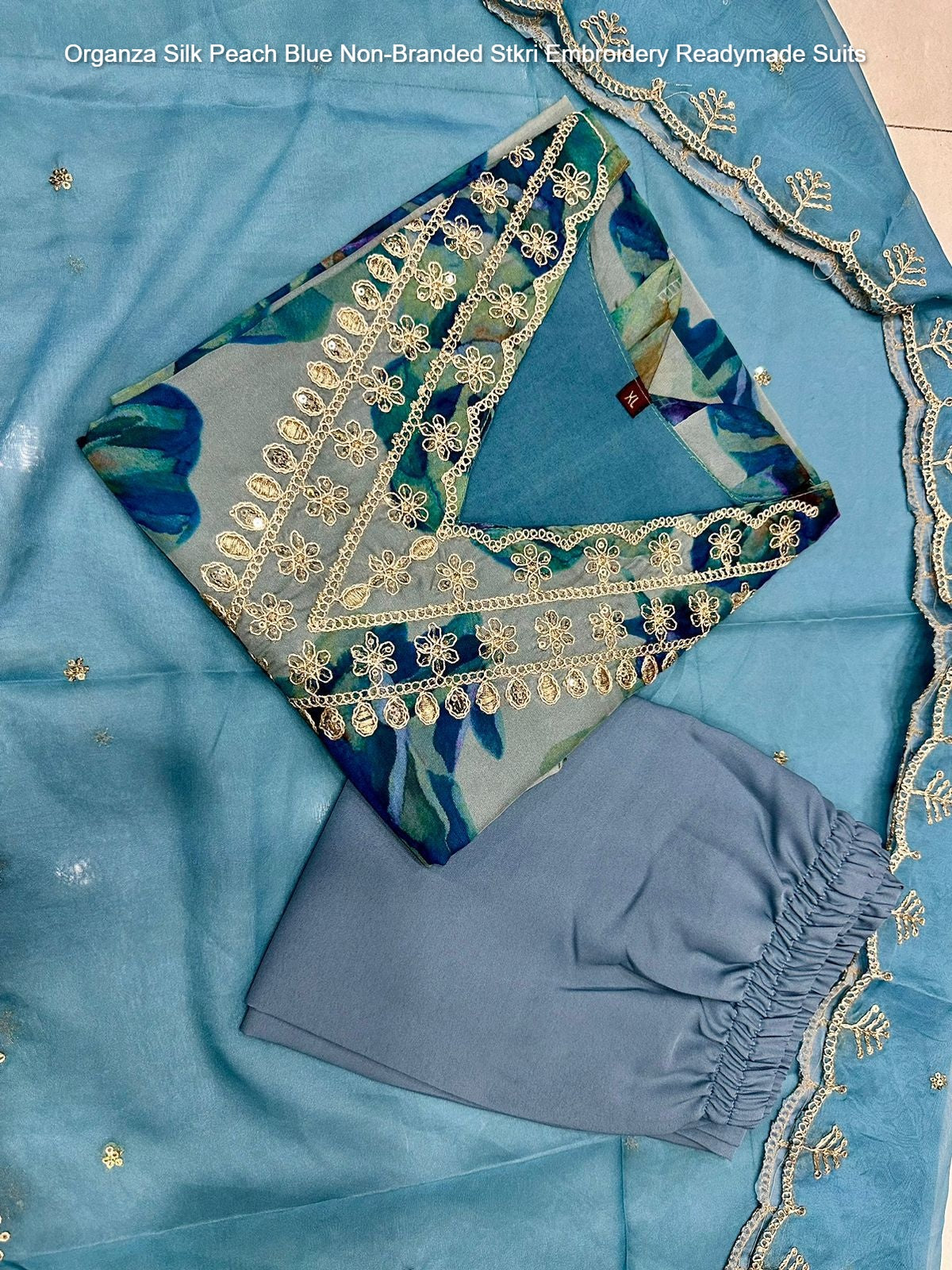 Organza Silk Peach Blue Non-Branded Stkri Embroidery Readymade Suits