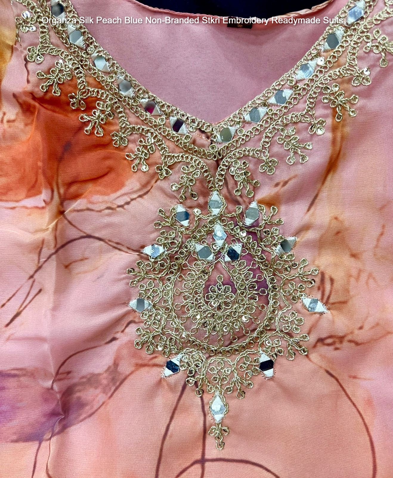 Organza Silk Peach Blue Non-Branded Stkri Embroidery Readymade Suits