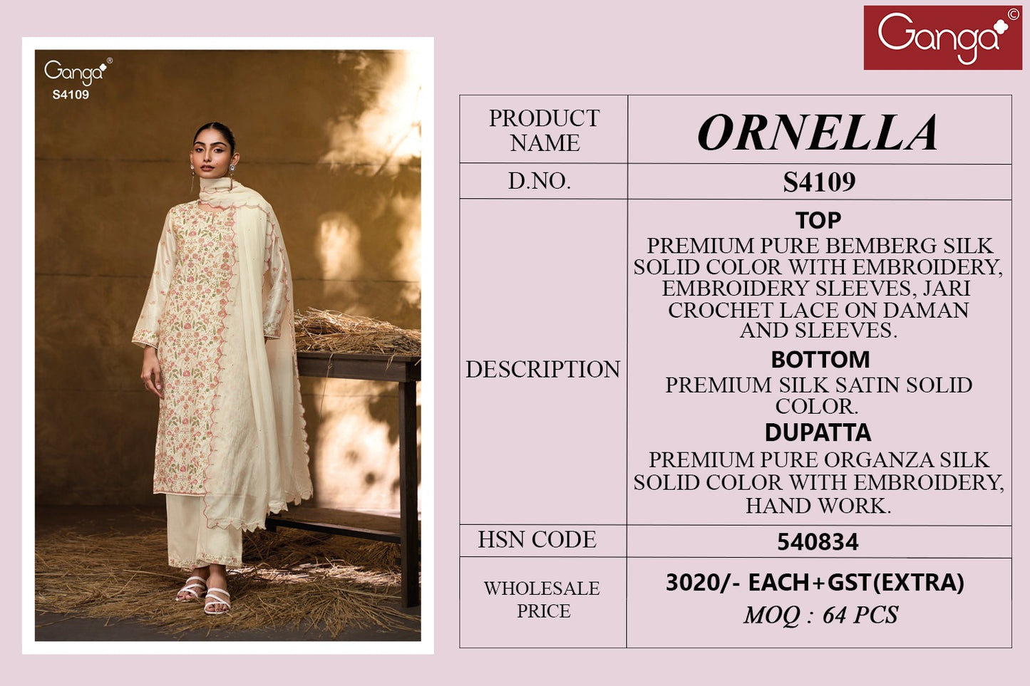 Ornella 4109 Ganga Embroidery Unstitched Suits
