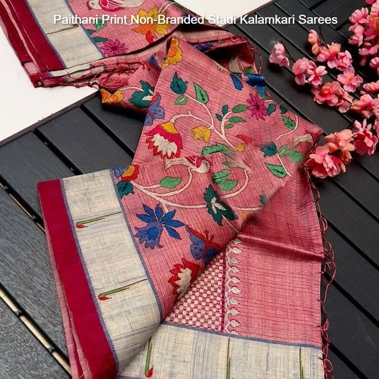 Paithani Print Non-Branded Stadi Kalamkari Sarees