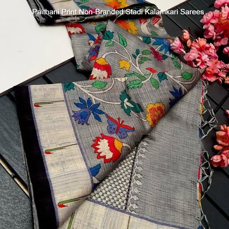 Paithani Print Non-Branded Stadi Kalamkari Sarees