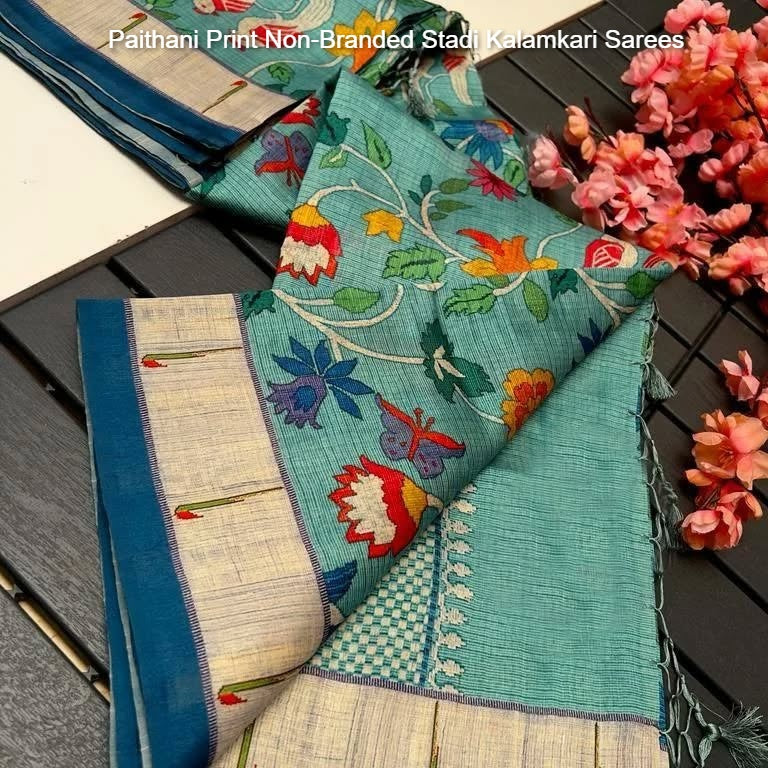 Paithani Print Non-Branded Stadi Kalamkari Sarees