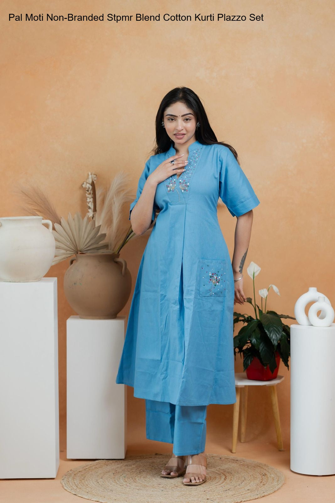 Pal Moti Non-Branded Stpmr Blend Cotton Kurti Plazzo Set