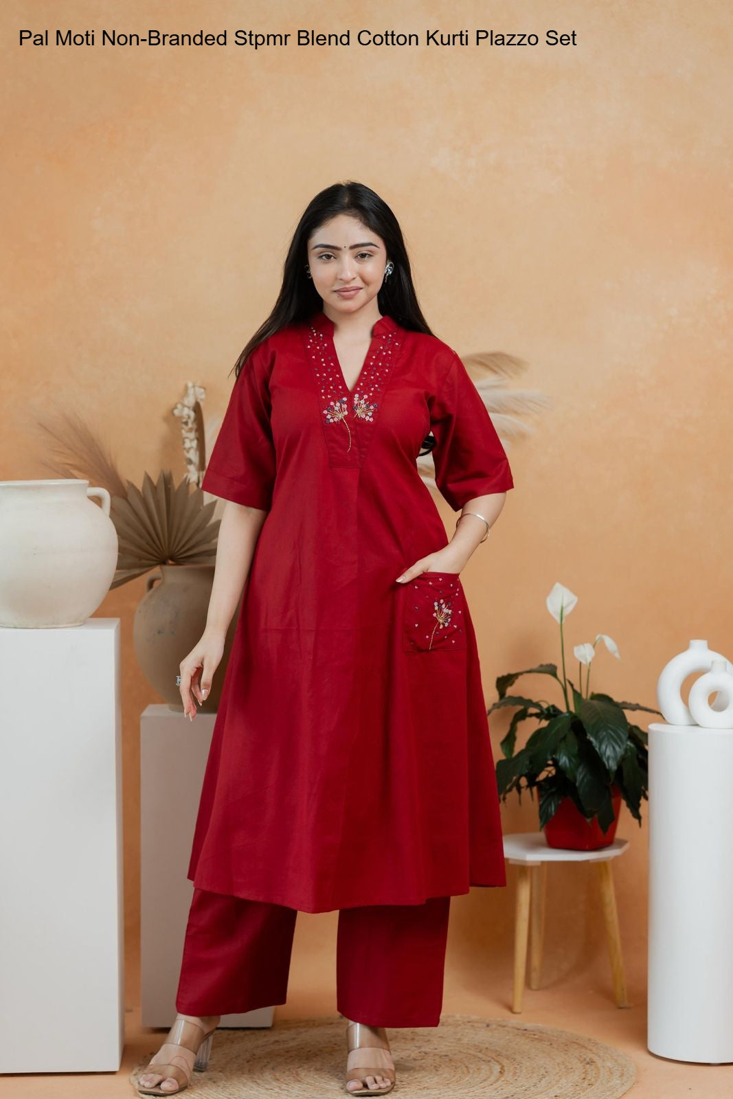 Pal Moti Non-Branded Stpmr Blend Cotton Kurti Plazzo Set