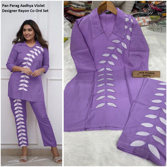 Pan Parag Violet Aadhya Designer Rayon Co Ord Set