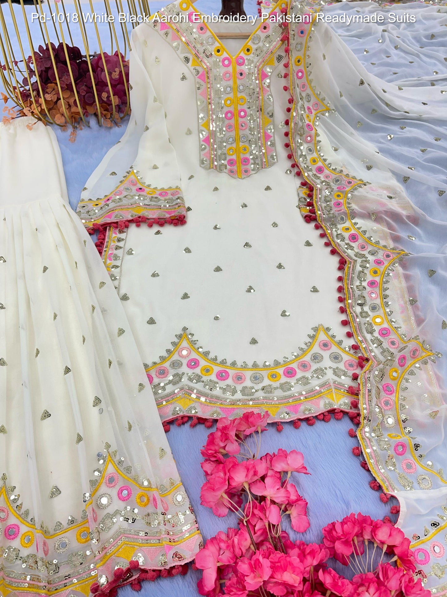 Pd-1018 White Black Aarohi Embroidery Pakistani Readymade Suits