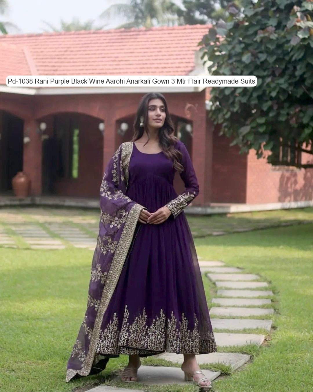 Pd-1038 Rani Purple Black Wine Aarohi Anarkali Gown 3 Mtr Flair Readymade Suits