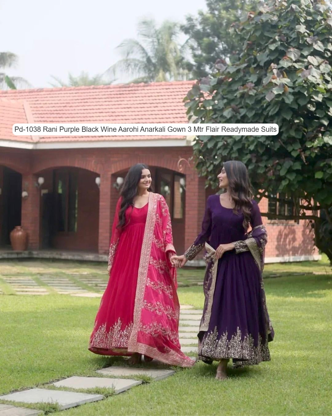 Pd-1038 Rani Purple Black Wine Aarohi Anarkali Gown 3 Mtr Flair Readymade Suits