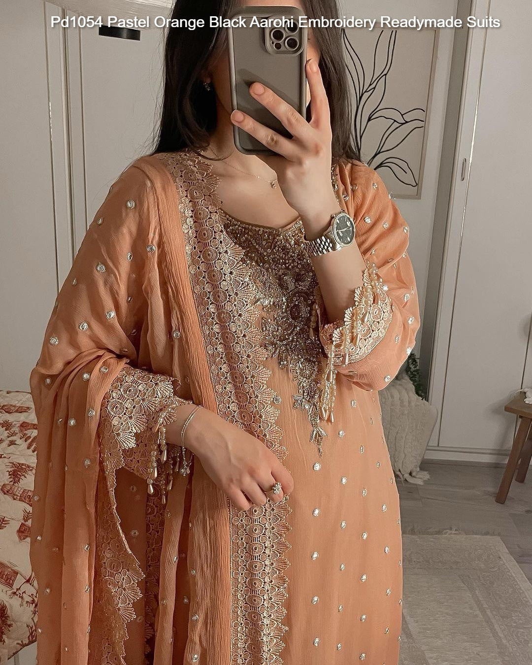 Pd1054 Pastel Orange Black Aarohi Embroidery Readymade Suits