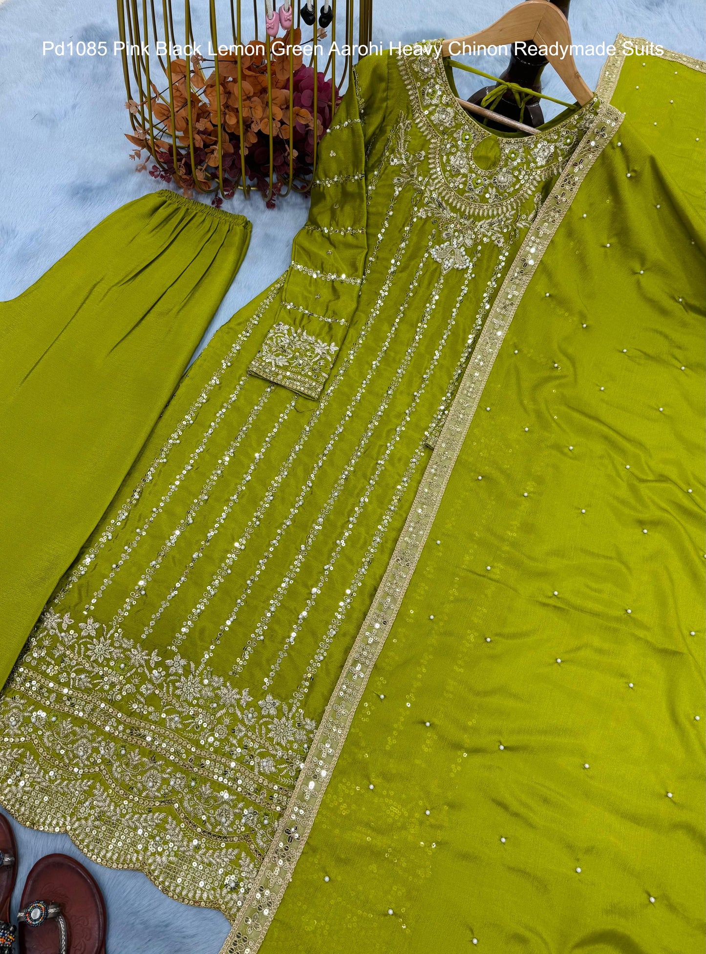 Pd1085 Pink Black Lemon Green Aarohi Heavy Chinon Readymade Suits