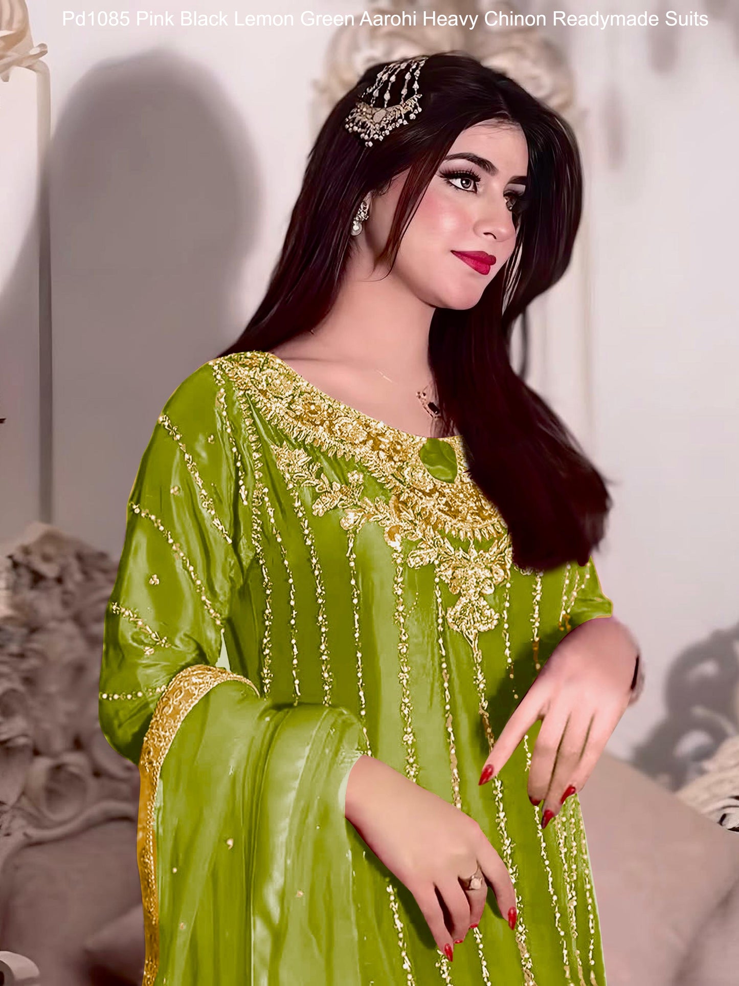 Pd1085 Pink Black Lemon Green Aarohi Heavy Chinon Readymade Suits