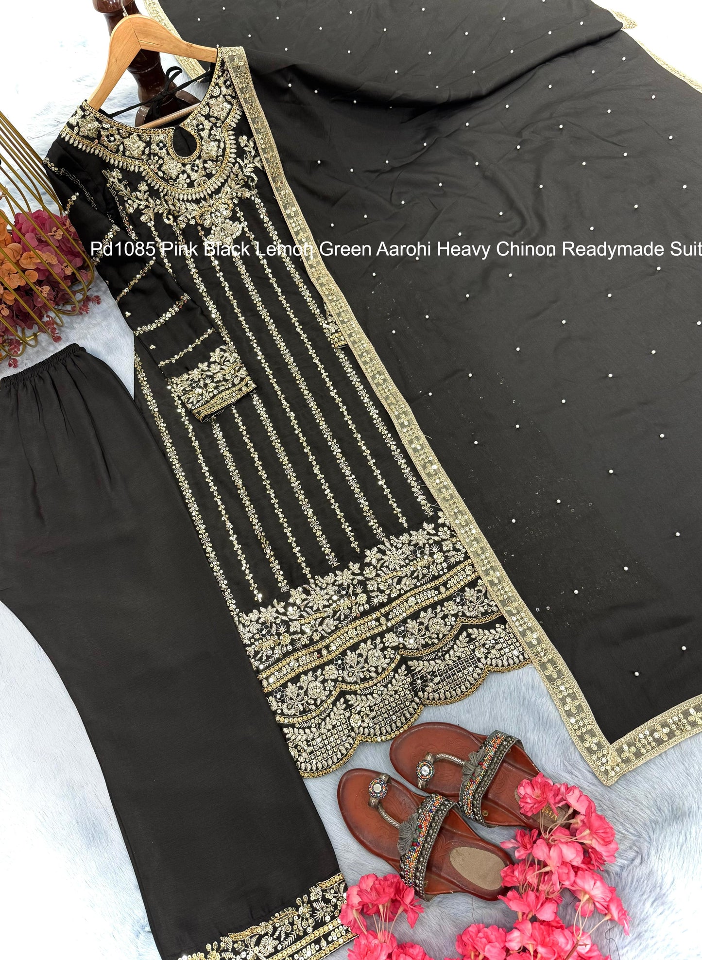 Pd1085 Pink Black Lemon Green Aarohi Heavy Chinon Readymade Suits