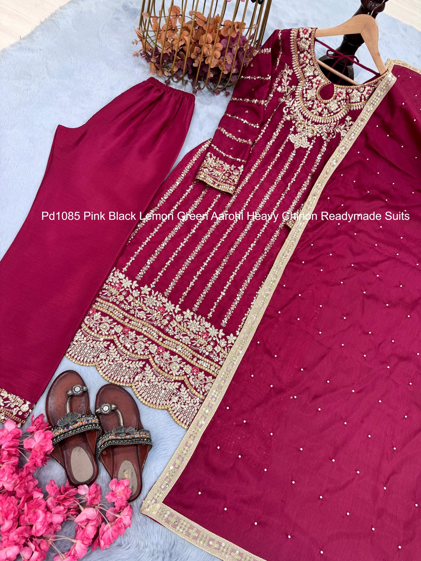 Pd1085 Pink Black Lemon Green Aarohi Heavy Chinon Readymade Suits