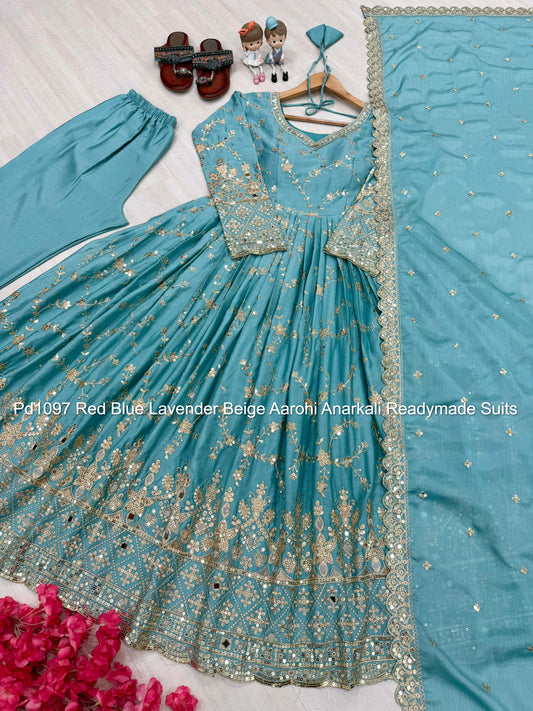 Pd1097 Red Blue Lavender Beige Aarohi Anarkali Readymade Suits