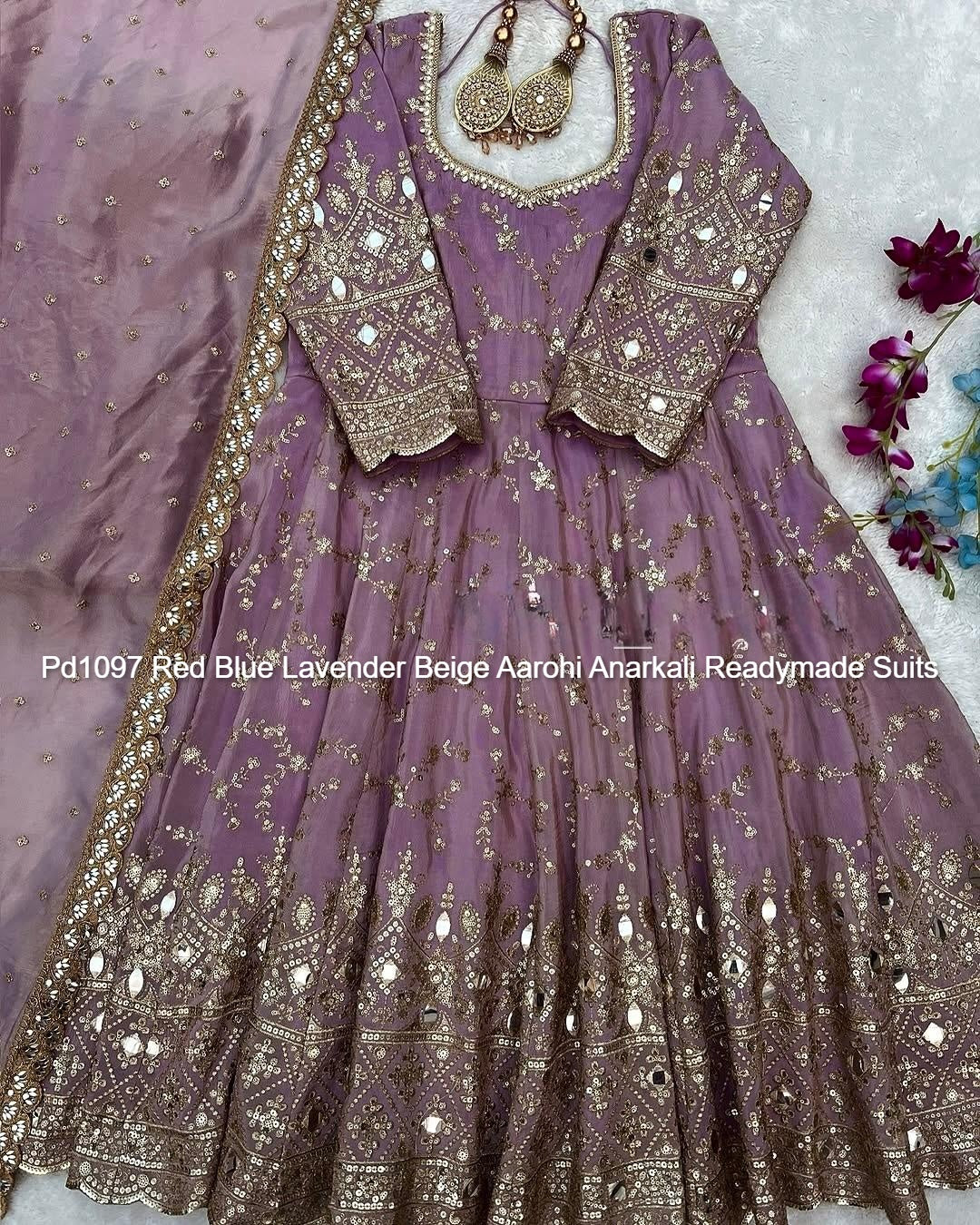 Pd1097 Red Blue Lavender Beige Aarohi Anarkali Readymade Suits
