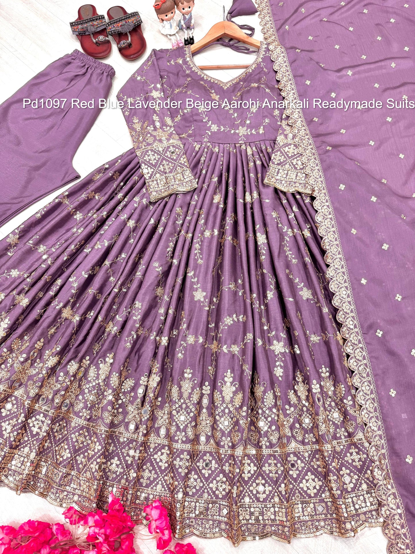 Pd1097 Red Blue Lavender Beige Aarohi Anarkali Readymade Suits