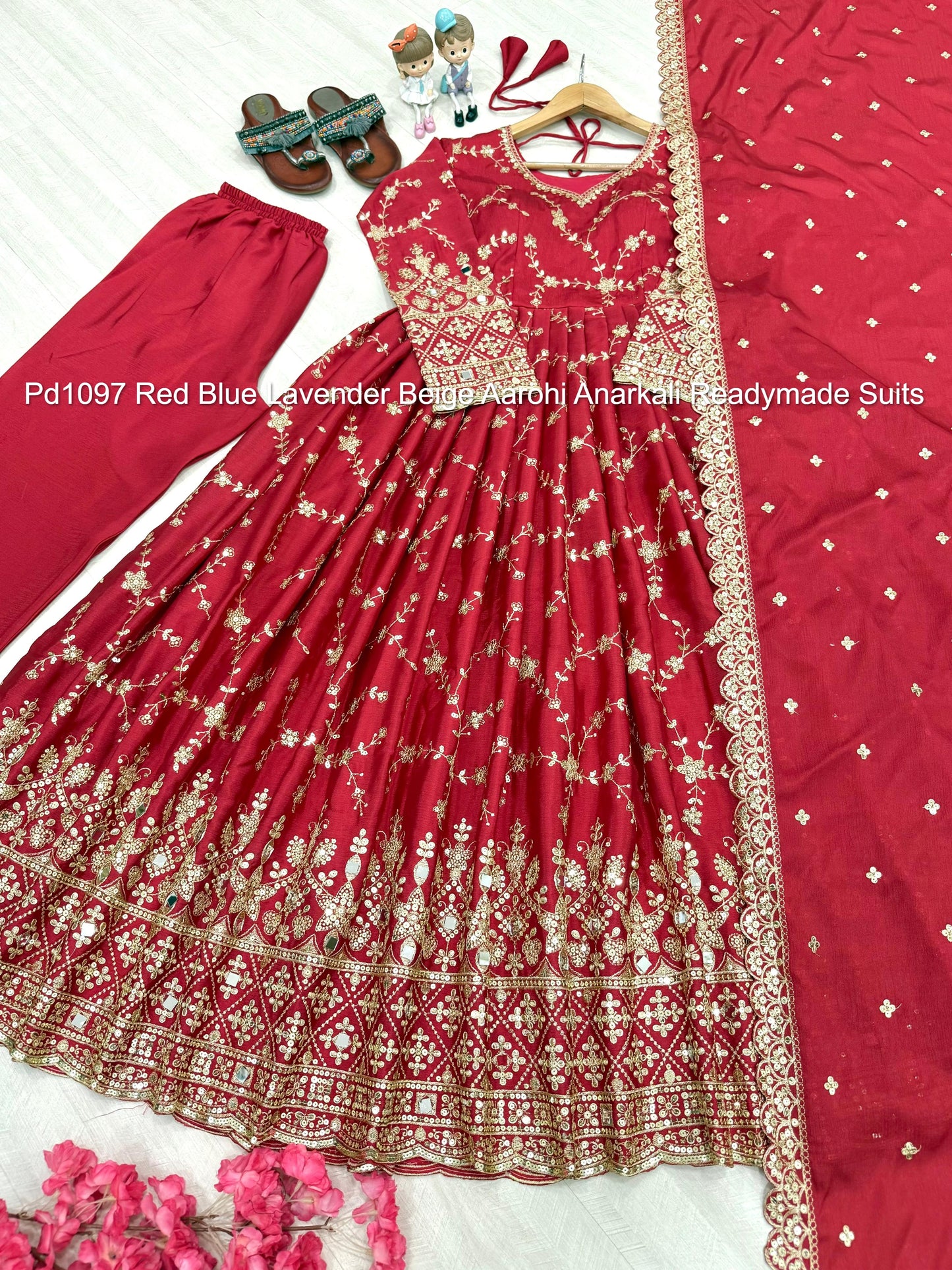 Pd1097 Red Blue Lavender Beige Aarohi Anarkali Readymade Suits