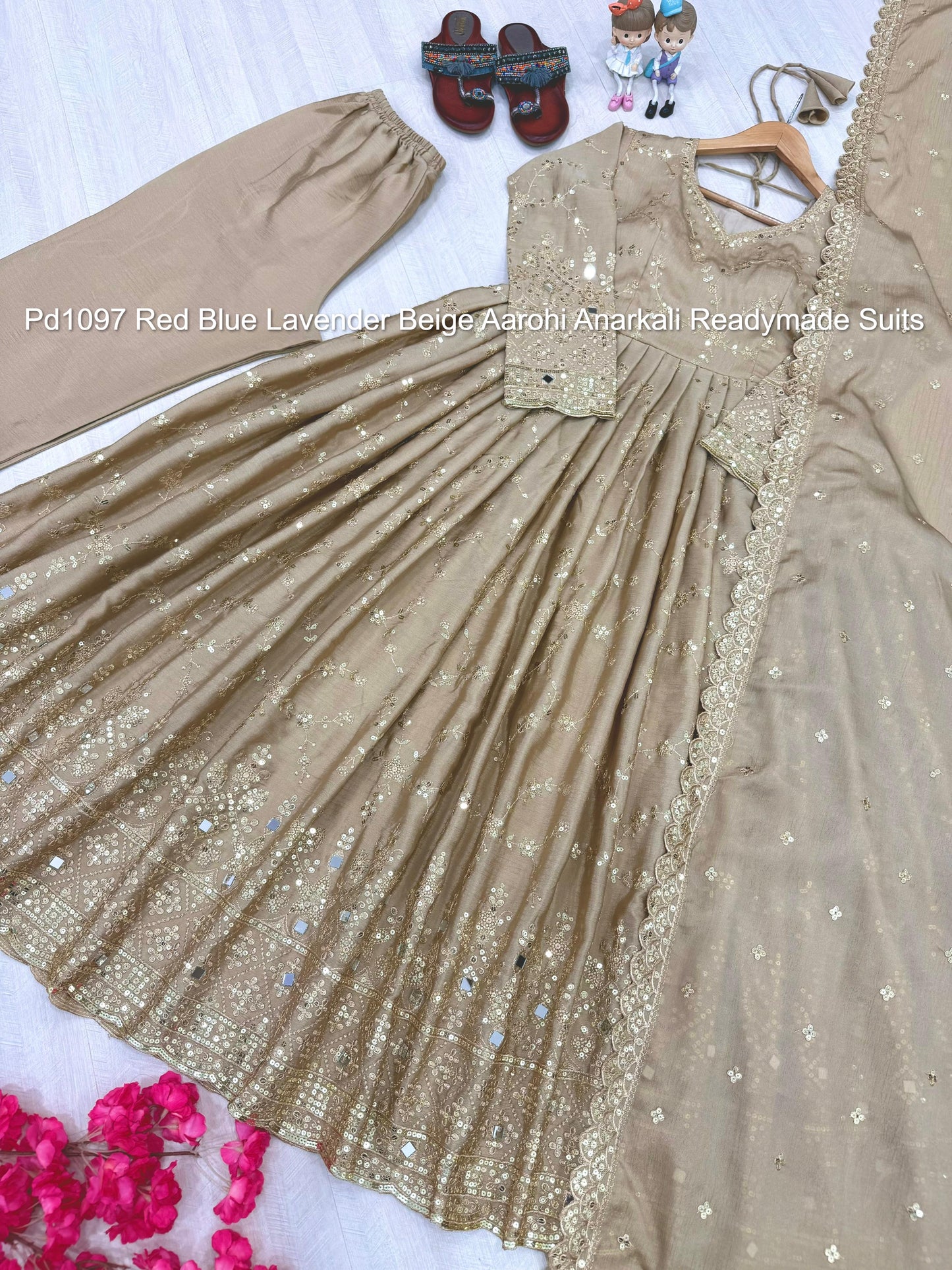 Pd1097 Red Blue Lavender Beige Aarohi Anarkali Readymade Suits