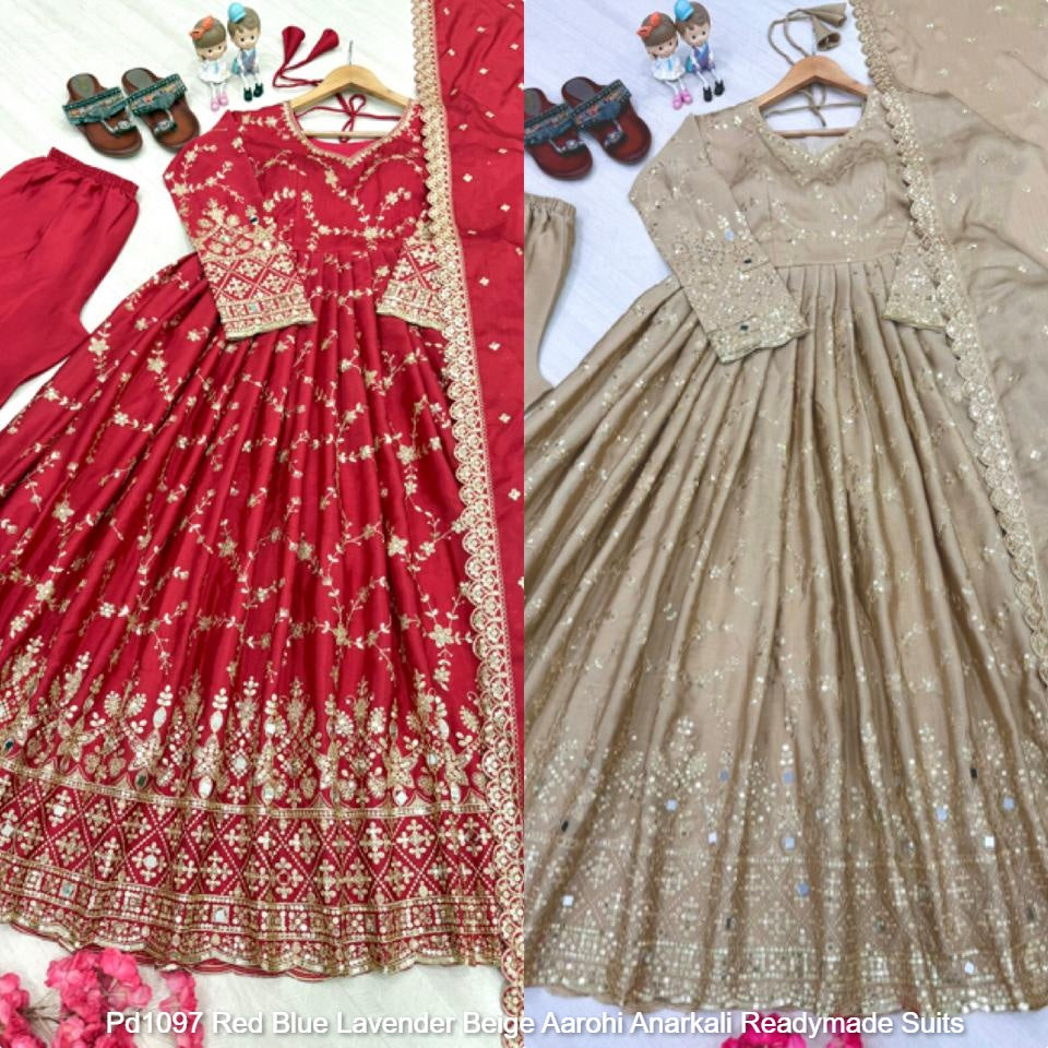 Pd1097 Red Blue Lavender Beige Aarohi Anarkali Readymade Suits