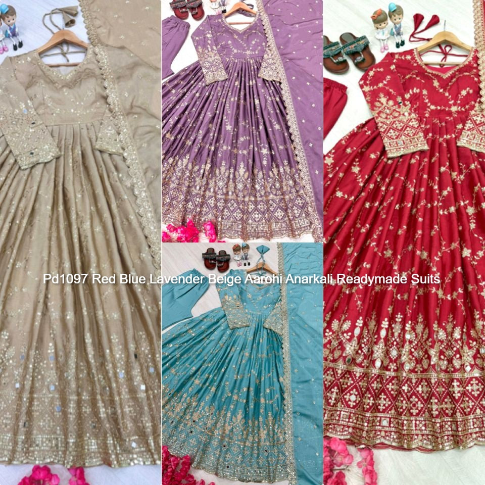 Pd1097 Red Blue Lavender Beige Aarohi Anarkali Readymade Suits