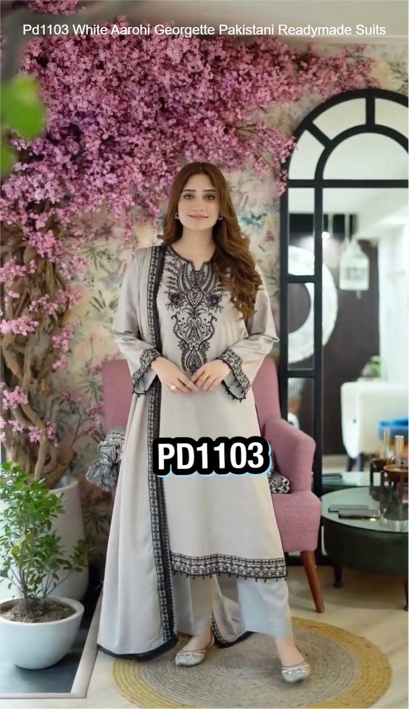Pd1103 White Aarohi Georgette Pakistani Readymade Suits