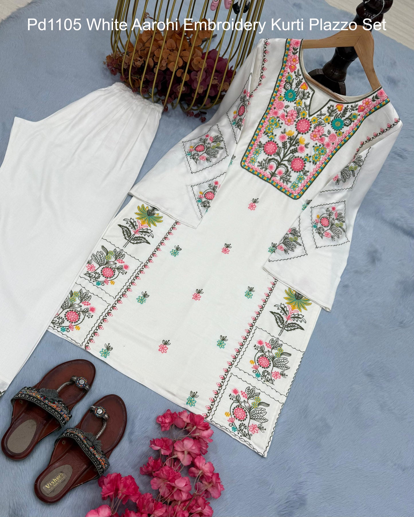 Pd1105 White Aarohi Embroidery Kurti Plazzo Set