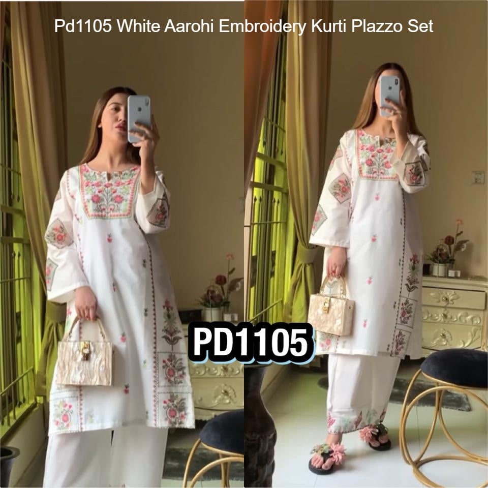 Pd1105 White Aarohi Embroidery Kurti Plazzo Set