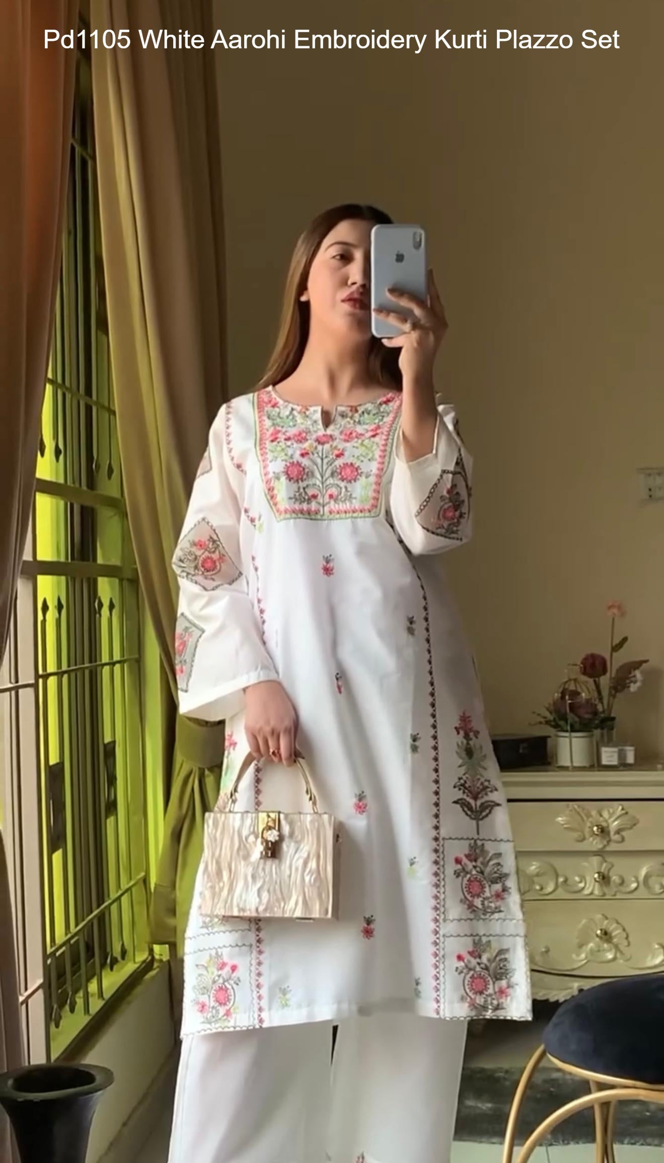 Pd1105 White Aarohi Embroidery Kurti Plazzo Set
